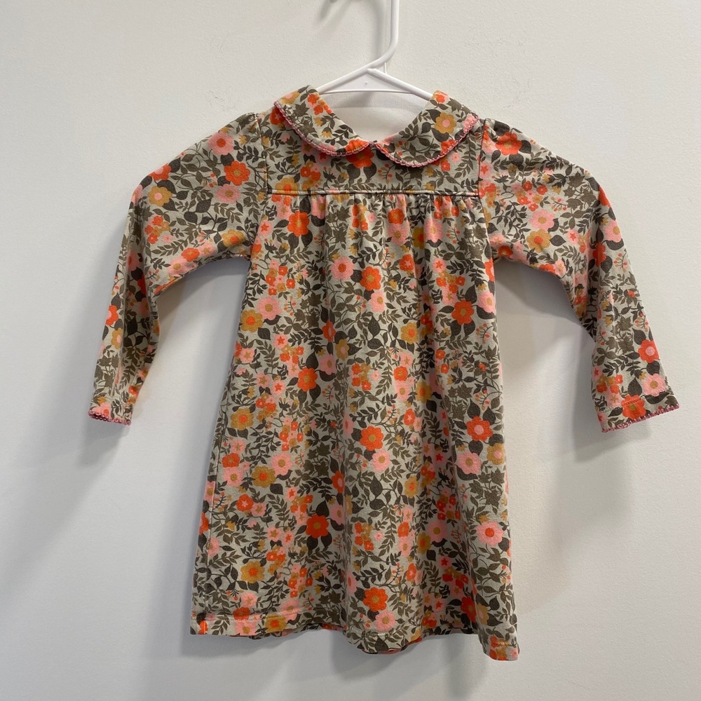 Baby Boden Floral Dress Girls 2-3Y Gray Orange Peter Pan Collar Cottagecore Boho